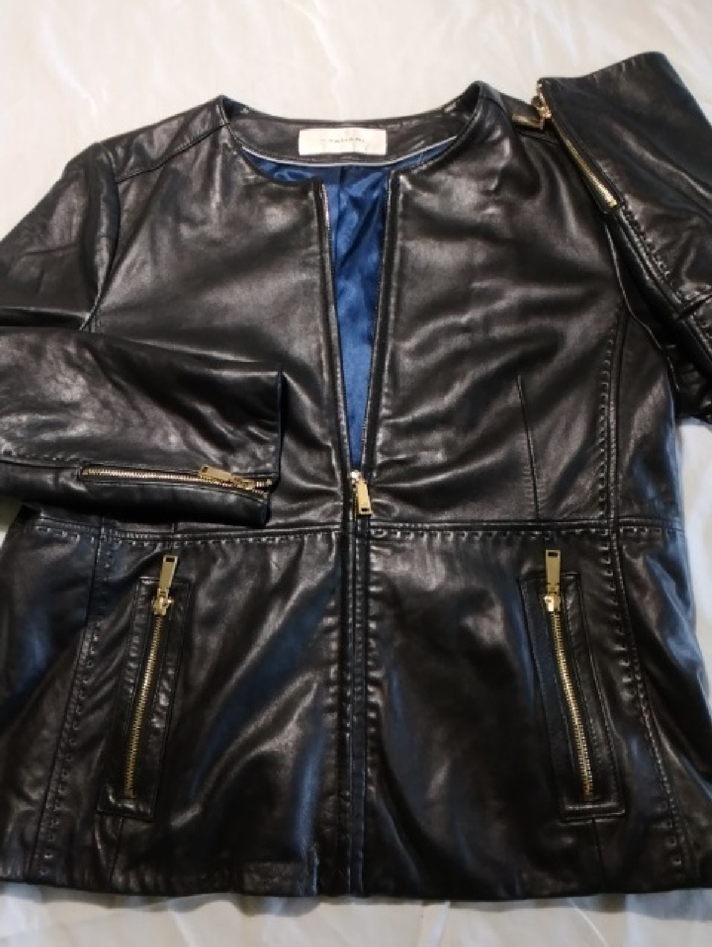 T Tahari Womens Collarless Black Leather Zip-up Jacket , M/L , $37